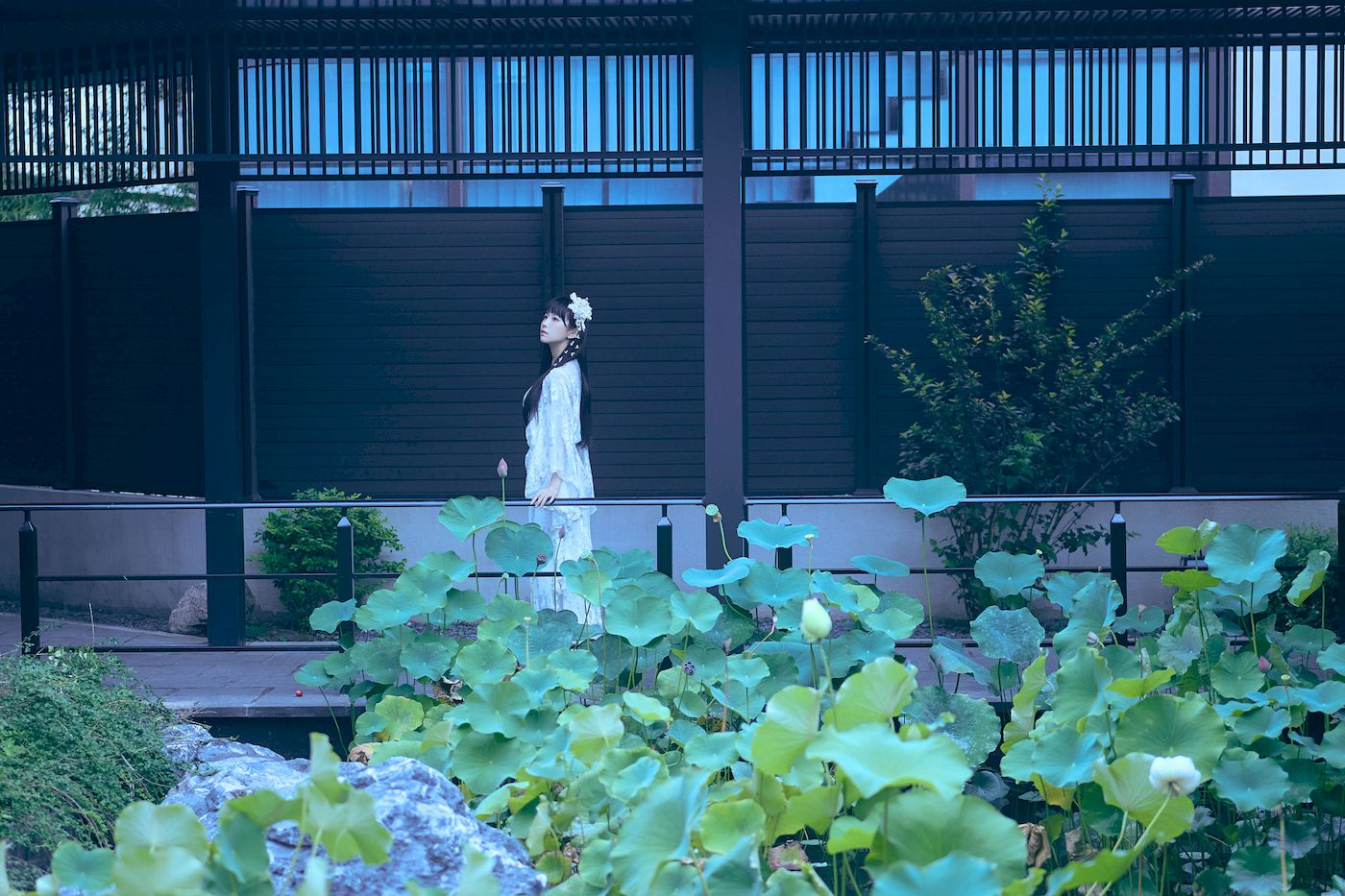 白裙美女点缀白花发饰