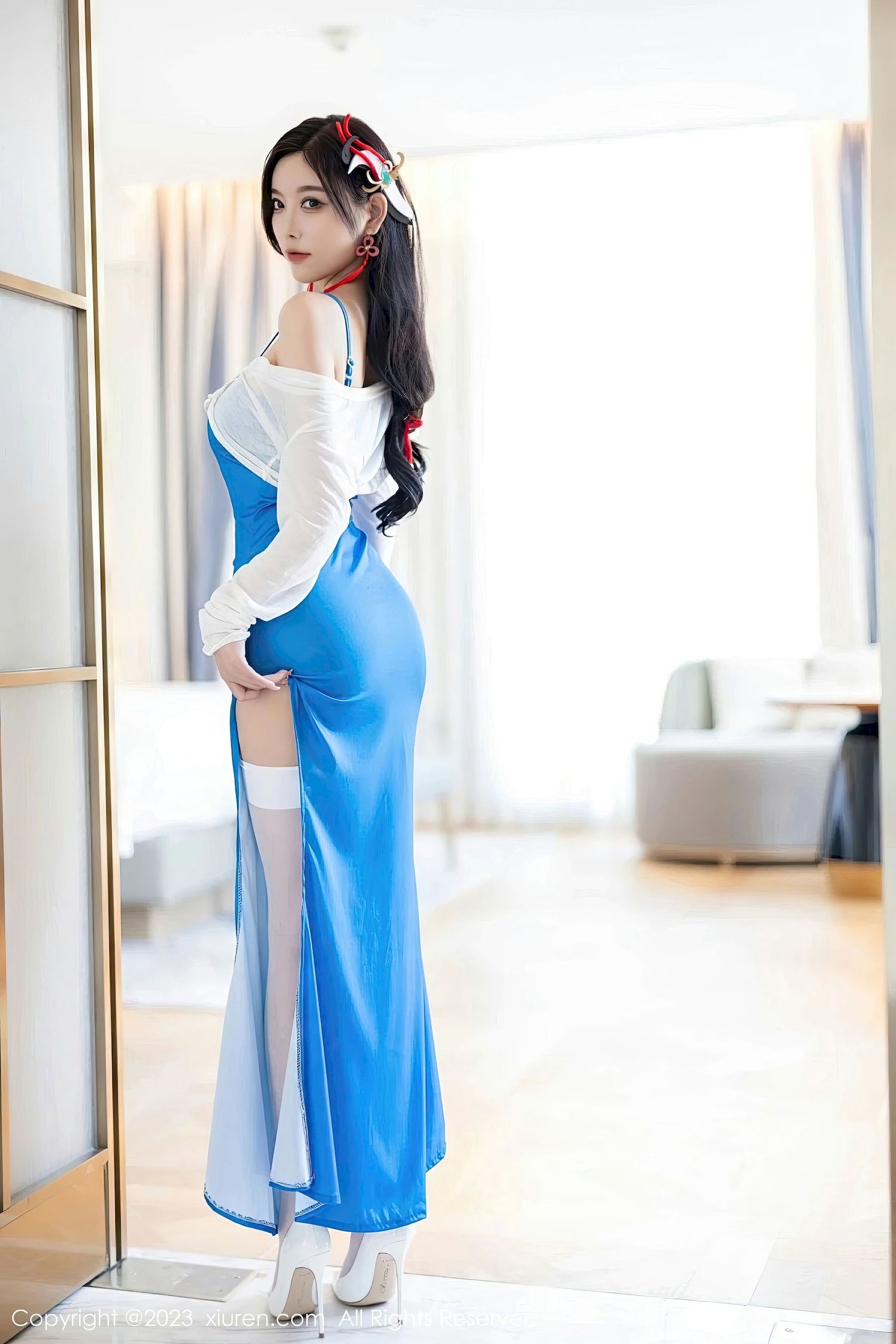 杨晨晨Yome - 白色上衣+蓝色长裙安吉旅拍